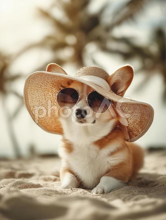 夏の思い出：砂浜でくつろぐコーギー犬 犬,コーギー,ビーチの写真素材