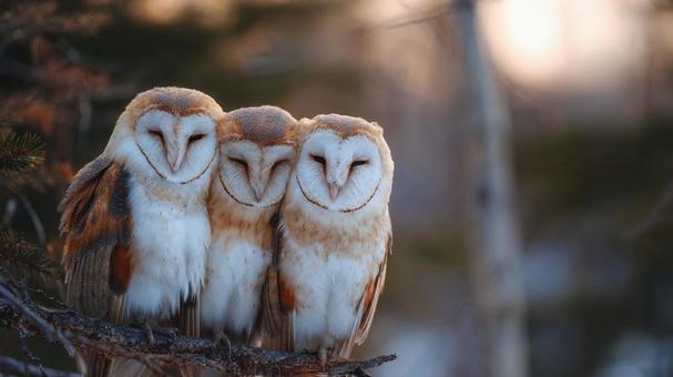 大自然の絆:3羽のフクロウのグループ 大自然の絆:3羽のフクロウのグループの写真