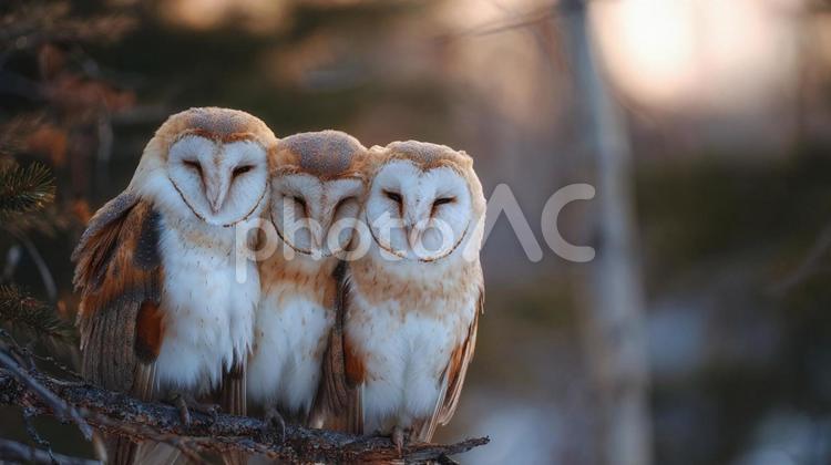 大自然の絆：3羽のフクロウのグループ フクロウ,鳥,動物の写真素材