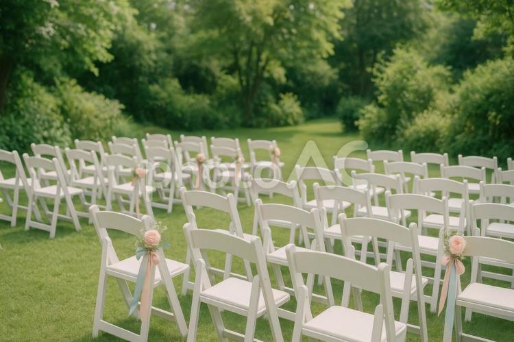 ガーデン挙式の白い椅子 ガーデンウェディング,結婚式,ウェディングの写真素材