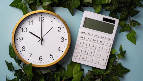 時は金なり 白い壁掛け時計と白い電卓 時は金なり 白い壁掛け時計と白い電卓の写真