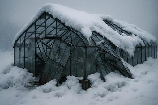 雪害で崩れた温室の写真