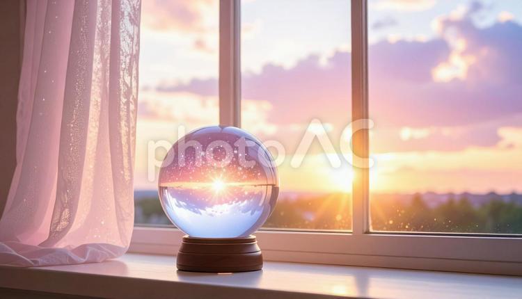 水晶玉／窓辺に映る夢幻の空 水晶玉,窓辺,夕焼けの写真素材