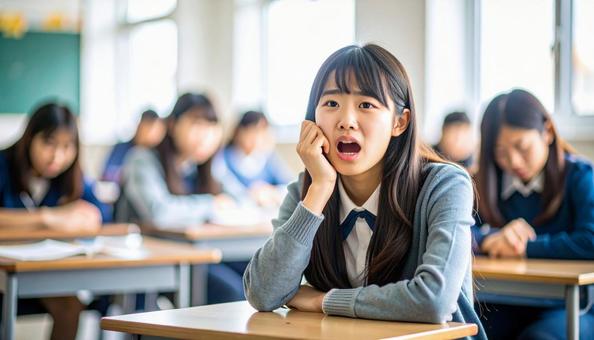 退屈そうに机に向かう女子高校生 退屈そうに机に向かう女子高校生の写真