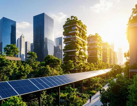 庭園と太陽光パネル並ぶ環境配慮型未来都市の写真