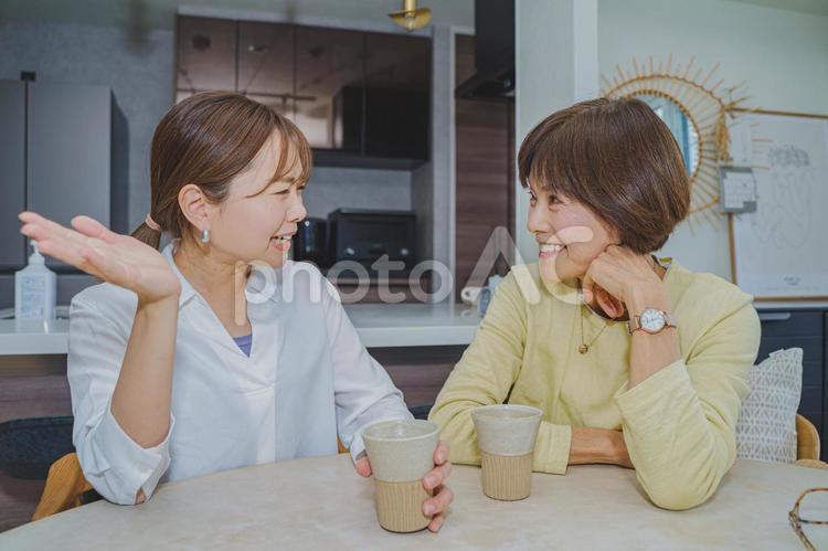 手を広げて話をする女性とシニア女性 女性,日本人,笑顔の写真素材