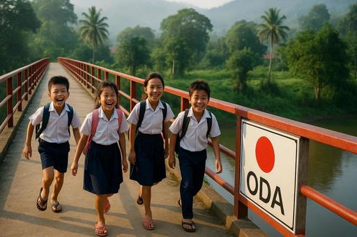 ODA橋を渡る笑顔の子供たち ODA橋を渡る笑顔の子供たちの写真