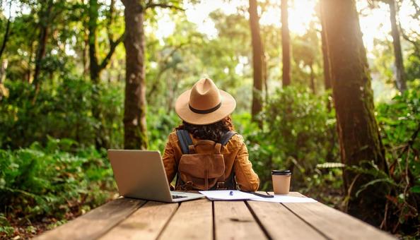 森の中で仕事中に休憩する女性 森の中で仕事中に休憩する女性の写真