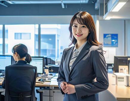 オフィスで微笑み手を組んで佇む社員 オフィスで微笑み手を組んで佇む社員の写真