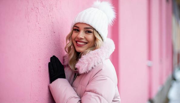 ポーズをとるピンク系の服を着る女の子 ポーズをとるピンク系の服を着る女の子の写真