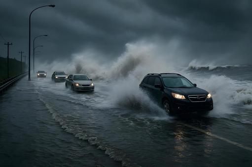 海沿い道路の波浪 海沿い道路の波浪の写真