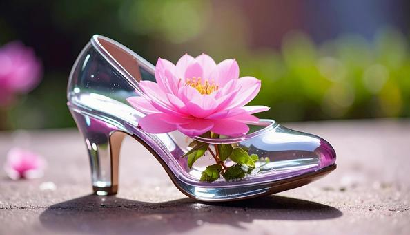 片方だけのガラスの靴　ピンクの花の写真