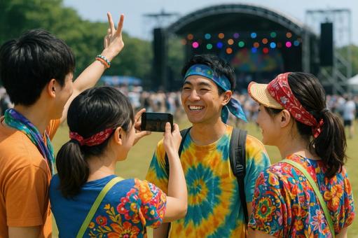 フェスで記念撮影する友人たち フェスで記念撮影する友人たちの写真