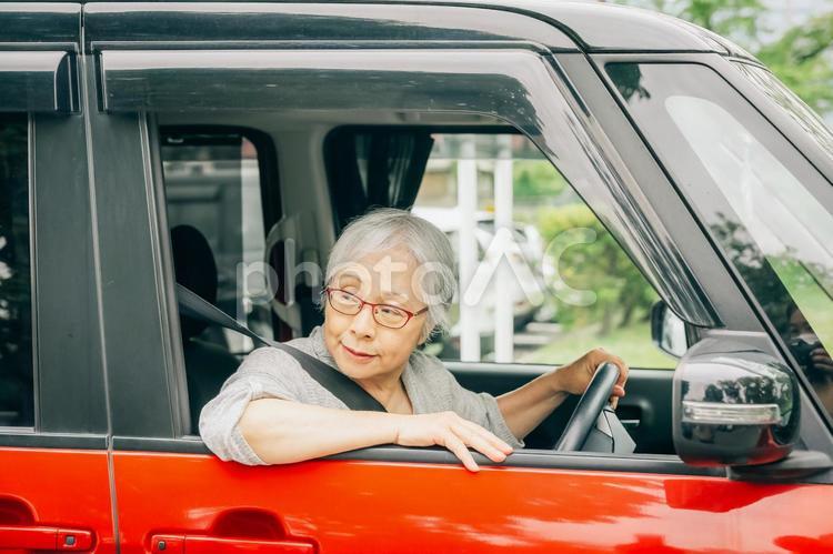 自動車の運転をする高齢者女性（バック） 高齢者,バック,運転の写真素材