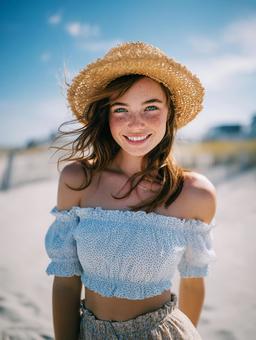 砂浜に立つ、爽やかな笑顔の女性の写真