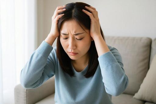 部屋で頭を抱えうつ病・体調不良に悩む女性 部屋で頭を抱えうつ病・体調不良に悩む女性の写真