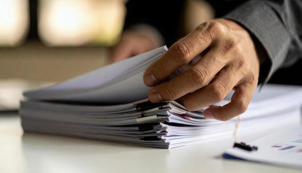 重なった白いコピー用紙をめくる手の写真