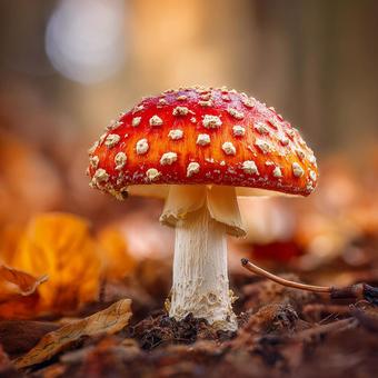 落ち葉の上に立つ鮮やかなベニテングタケの写真