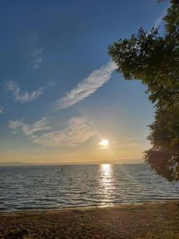 Photo, setting sun, lake, lake biwa, 