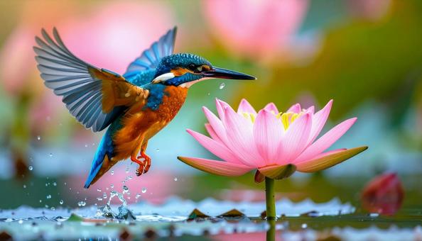 ピンクの蓮の花と鳥のカワセミ ピンクの蓮の花と鳥のカワセミの写真