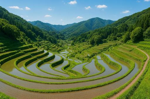 青空と山々に囲まれた「湯山の棚田」緑豊か 青空と山々に囲まれた「湯山の棚田」緑豊かの写真
