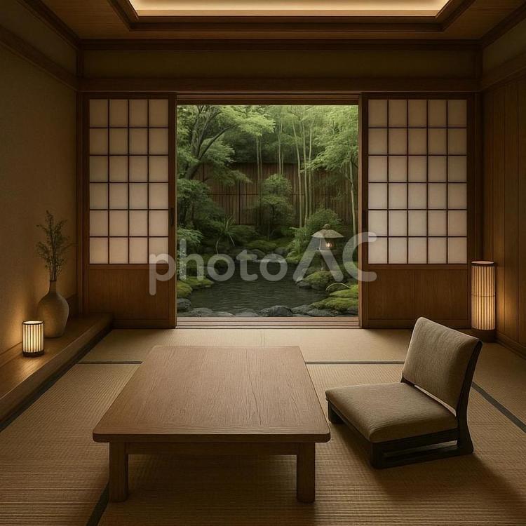 石庭の見える和モダンな高級旅館風リビング 和モダン,高級旅館,石庭の写真素材