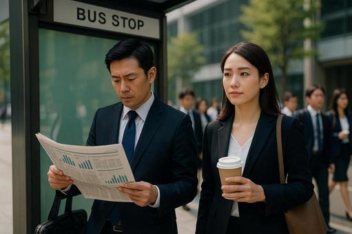 バス停で新聞を読むビジネスマン バス停で新聞を読むビジネスマンの写真