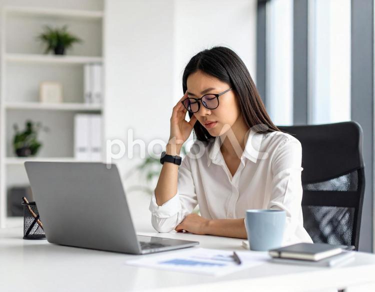 デスクで疲れた様子の女性会社員 女性,疲れ,オフィスの写真素材