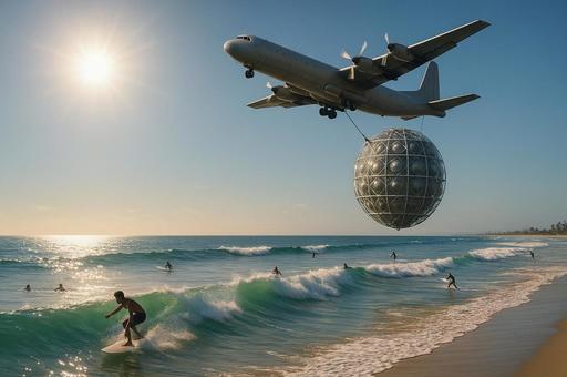 飛行機とサーファーの海岸風景 飛行機とサーファーの海岸風景の写真