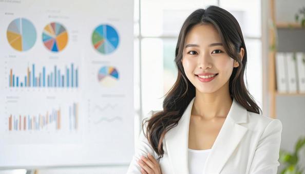グラフの前に立つ日本人女性会社員 グラフの前に立つ日本人女性会社員の写真