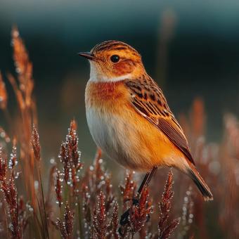 焼けを背景に草に佇む可愛らしい鳥 焼けを背景に草に佇む可愛らしい鳥の写真