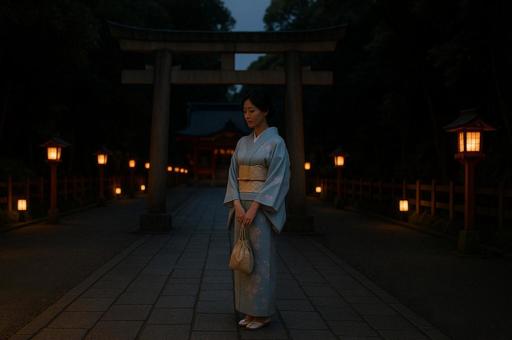 灯りに映える鳥居の参道の写真