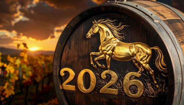 ワインの樽に描かれた2026と干支の馬 ワインの樽に描かれた2026と干支の馬の写真