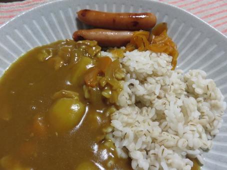 カレーライス カレーライス カレー,ウインナー,献立の写真素材