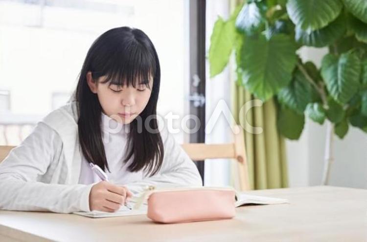 リビングで宿題をする日本人女子中学生 中学生,女子,日本人の写真素材