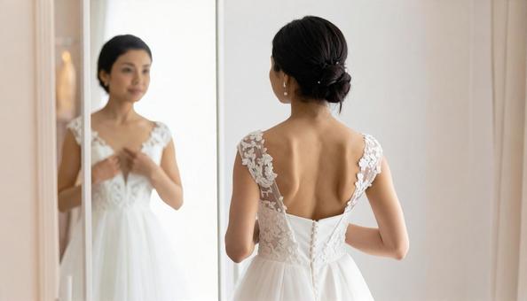 ウエディングドレスを試着する花嫁 ウエディングドレスを試着する花嫁の写真