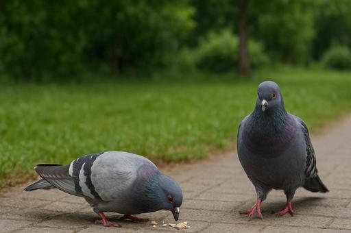 パンくずを食べるハトたち パンくずを食べるハトたちの写真