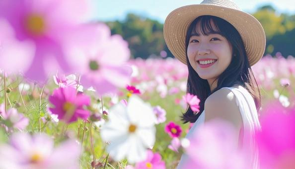 コスモス畑と麦わら帽子の女性の写真