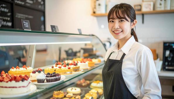 ケーキを陳列しているアルバイトをする女性 ケーキを陳列しているアルバイトをする女性の写真