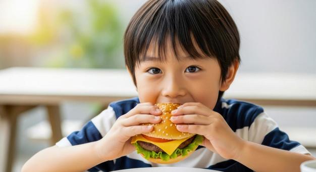 ハンバーガーを食べる笑顔の男の子 ハンバーガーを食べる笑顔の男の子の写真