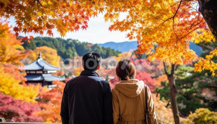 美しい紅葉を眺める夫婦の後ろ姿 紅葉,眺める,夫婦の写真素材