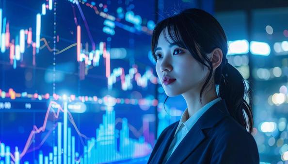 ディルプレイのチャートの前に立つ女性社員の写真