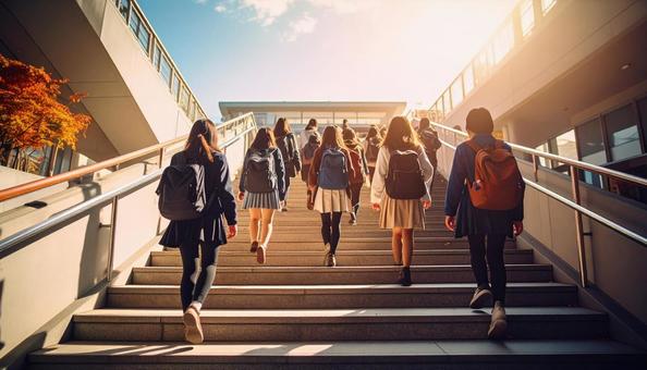 階段を登る日本人の高校生たち 階段を登る日本人の高校生たちの写真