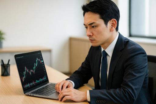 株価チャートを見るスーツ姿の男性 株価チャートを見るスーツ姿の男性の写真