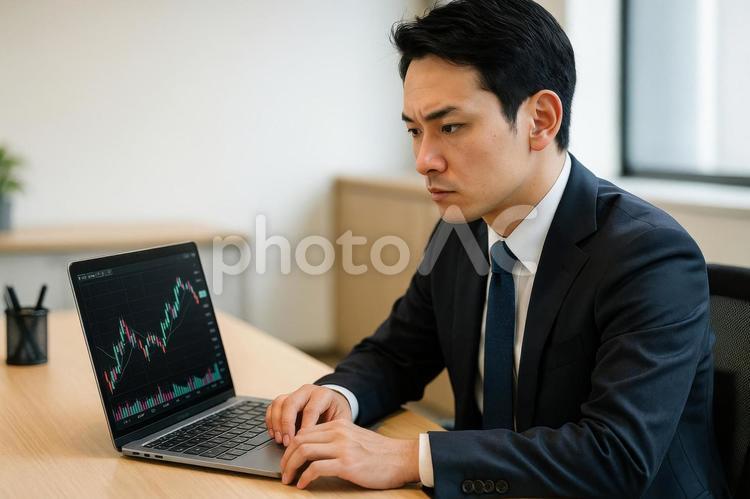株価チャートを見るスーツ姿の男性 株価,チャート,スーツの写真素材