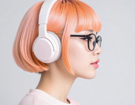 ヘッドホンをする女性 ヘッドホンをする女性の写真