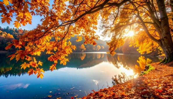 晩秋の紅葉が水面に映る湖 晩秋の紅葉が水面に映る湖の写真
