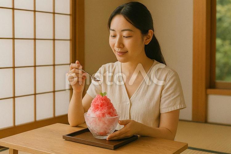 冷たいかき氷を頬張る女性 かき氷,風物詩,冷たいの写真素材