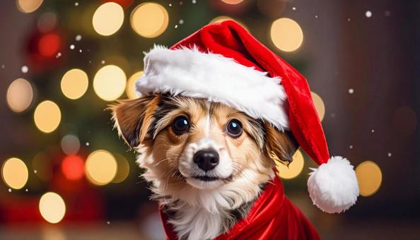 サンタクロースの帽子をかぶった犬 サンタクロースの帽子をかぶった犬の写真