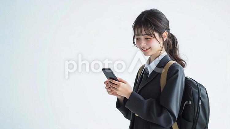 歩きながらスマートフォンを使う女子生徒 女性,女の子,スマートフォンの写真素材